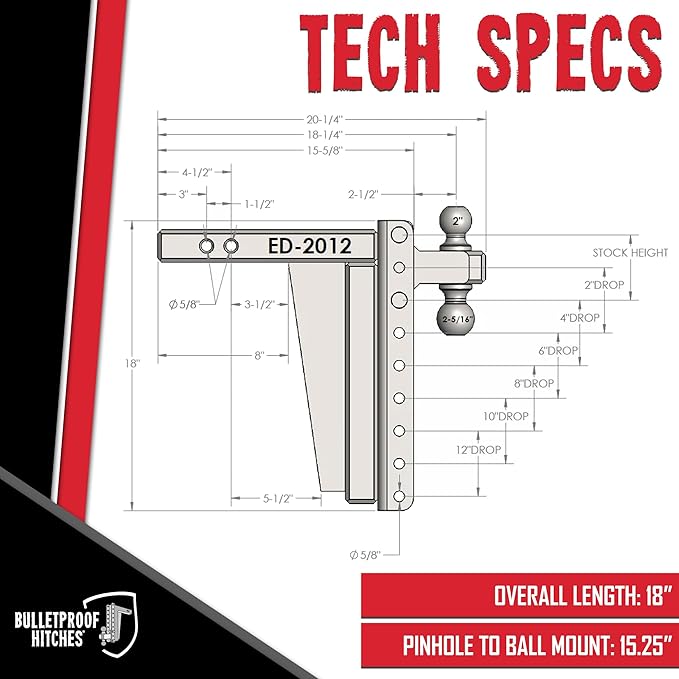 BulletProof Hitches - 2.0" Adjustable Extreme Duty Trailer Hitch (30,000 lb. Rating) - 12" Drop/Rise with 2" and 2 5/16" Dual Ball - Powder Coat, Solid Steel, Corrosion-Resistant