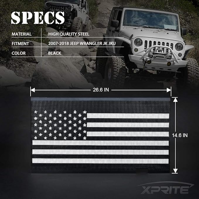 Xprite Aluminum Alloy Grill Insert Mesh with Black & White America U.S Flag Compatible with 2007-2018 Jeep Wrangler JK Stock Grille