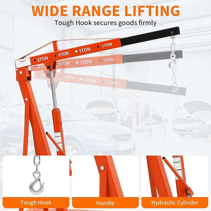 2-Ton Folding Engine Hoist Cherry Picker 4400 Lb Capacity Hydraulic Shop Crane with Telescoping Boom 6 Caster Wheels for Automotive Repair Garage Use Includes Hitch and Storage Stand Orange