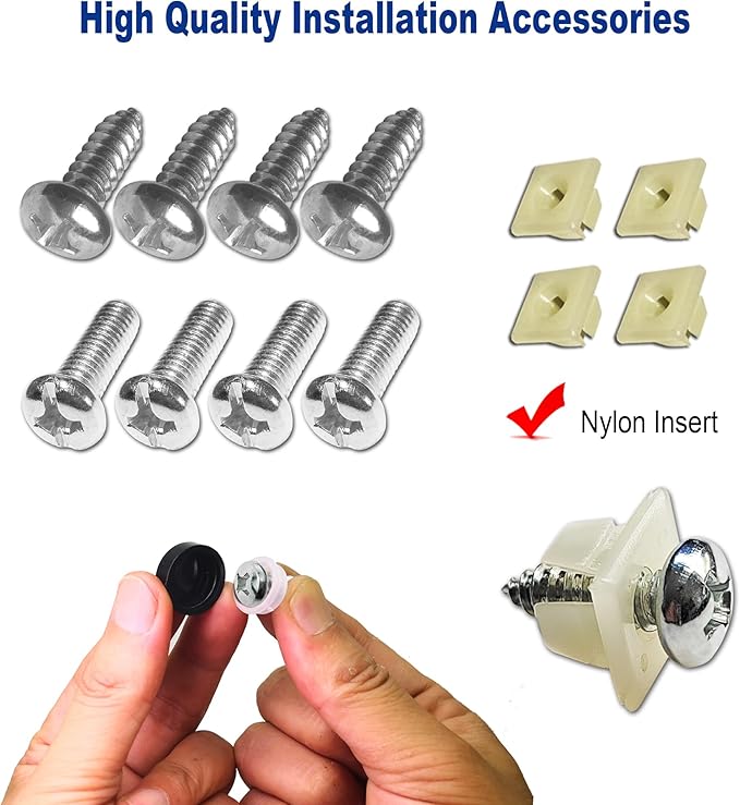 BGGTMO Matte Black Aluminum License Plate Frames- 2 Pack Heavy Duty Car Tag Cover for Front & Rear, 4 Hole Rust Proof Universal Holder, Mount Screws Caps, Inserts, Rattle Proof Pads