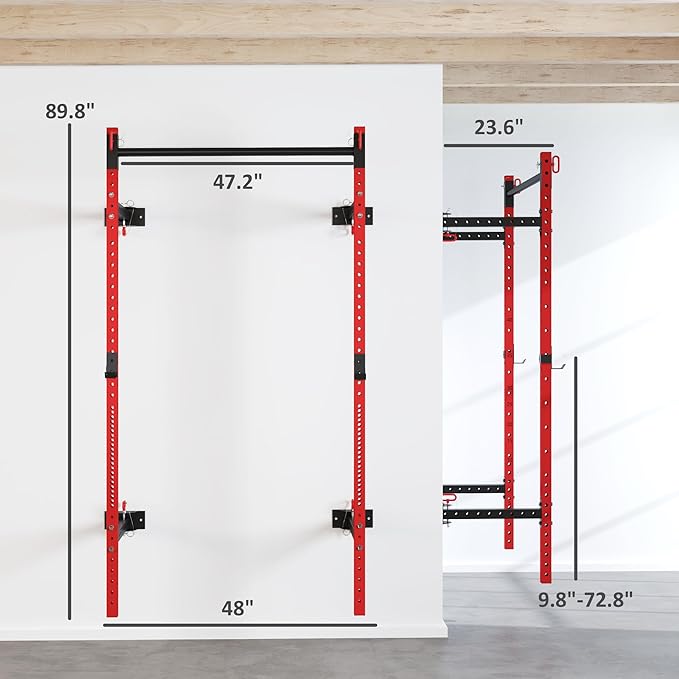 Soozier Folding Squat Rack with Adjustable Pull-Up Bar, 1000 Pounds Capacity Wall Mounted Power Rack, Adjustable Barbell Rack with J Hooks for Home Gym Full Body Workout