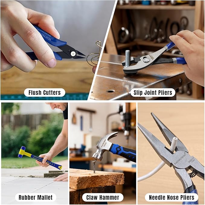 KAIHAOWIN 11-Piece Home Tool Kit with Carry Case - CR-V Steel Pliers Set, Wrench, Hammer, Screwdriver & Wire Cutter for DIY Repair, Automotive, Plumbing & Household Maintenance
