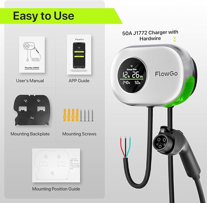 EV Charger Level 2 Hardwire 50A Smart Electric Car Home Charger Motion-Activated Display 240V with NEMA 14-50 Plug J1772 Connector 25FT Cable APP and WiFi Vehicle Charging Stations ETL Listed
