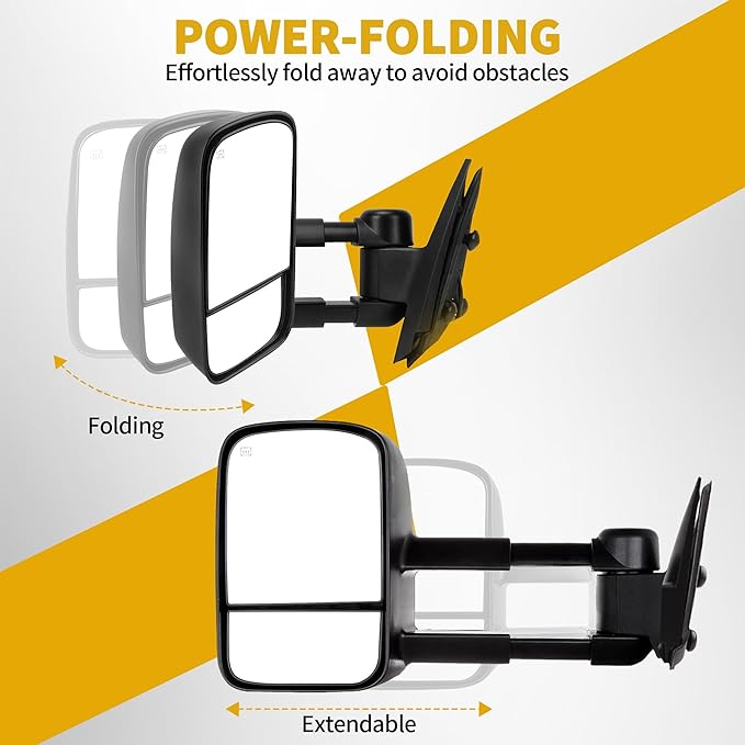 DWVO Power Heated Telescoping Towing Mirrors for 1999–2002 Chevy Silverado, GMC Sierra 1500/2500/3500, Suburban, and Yukon XL, Dual Glass, Extendable, Folding Mirror Pair Set, Black