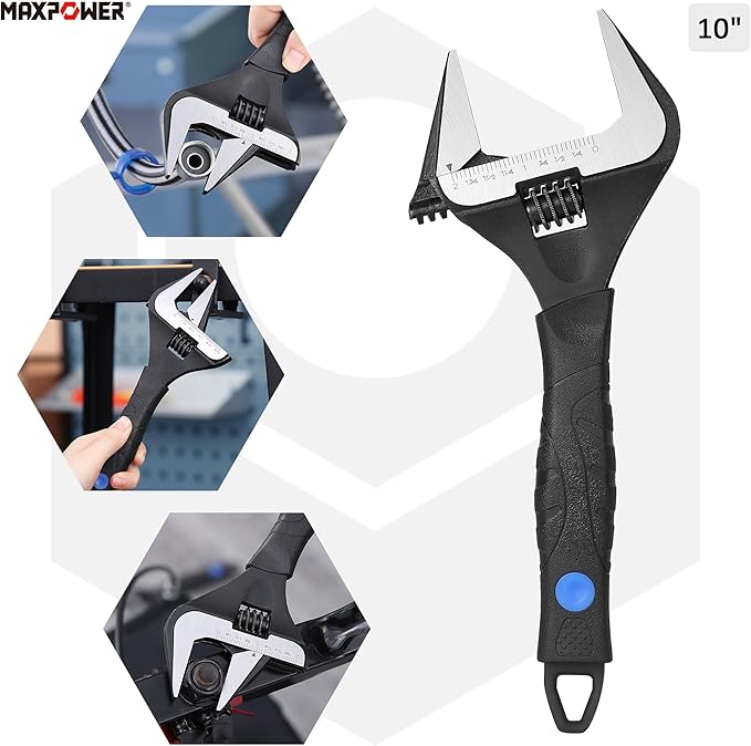 MAXPOWER 10 inch Adjustable Wrench, Wide Jaw Capacity 2 inch (50 mm)