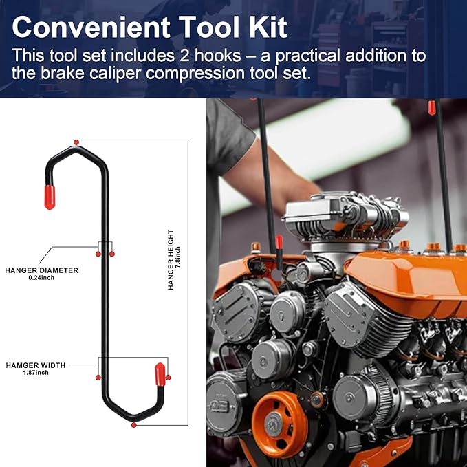 Brake Caliper Compression Tool with 2 Hanger Hooks, 360° Adjustable Piston Caliper Piston Compressor Tool for Pressing Pistons, Replacing Pads, Repairing Cylinders