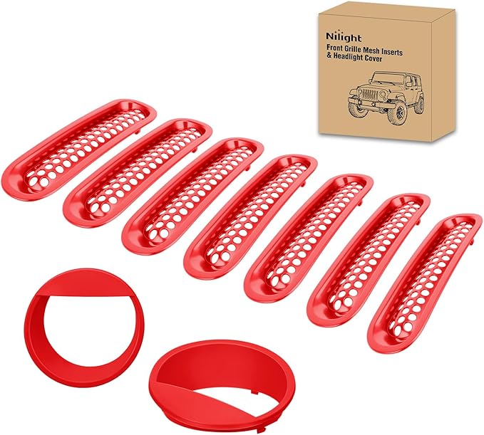 Nilight Grill Inserts fit for Jeep Wrangler Front Grille Mesh Inserts & Headlight Cover Set for JK JKU Unlimited Sports Sahara Freedom Rubicon 2007-2018 Clip-in Trim Exterior Accessories Red 9 Pcs