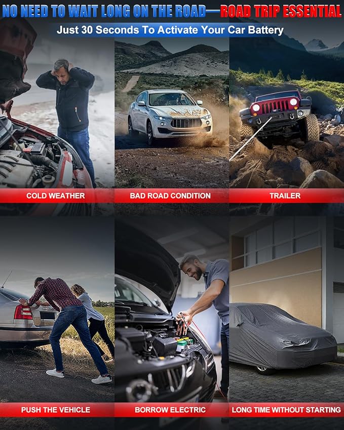 Jump Starter 3000A Peak Car Battery Jumper Starter Portable 12V Jump Box Battery Booster Charger Pack Up to 10L Gas or 8L Diesel Engine with Power Bank Jumper Cable Type C Port USB LED Light