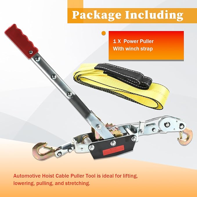 2 Ton Heavy Duty 3 Hook Steel Cable Dual Gear Power Puller Come Along Chain Winch Ratchet Tool with 3 ''Inch x 8' Foot Winch Strap, Tow Strap (30,000 BLS Capacity)