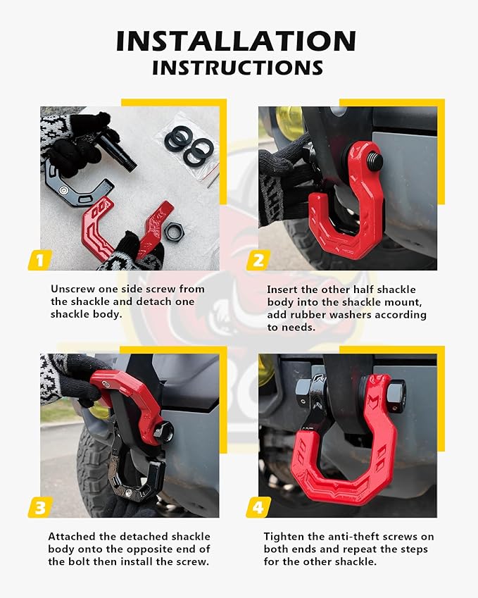 3/4" D-Ring Shackles, Heavy Duty Forged Steel Shackles with 7/8" Pin, Easy Open D-Ring Shackles Towing Winch Hooks for Recovery, Trucks, SUV, ATV, UTV, Off-Road Vehicles, Black Red