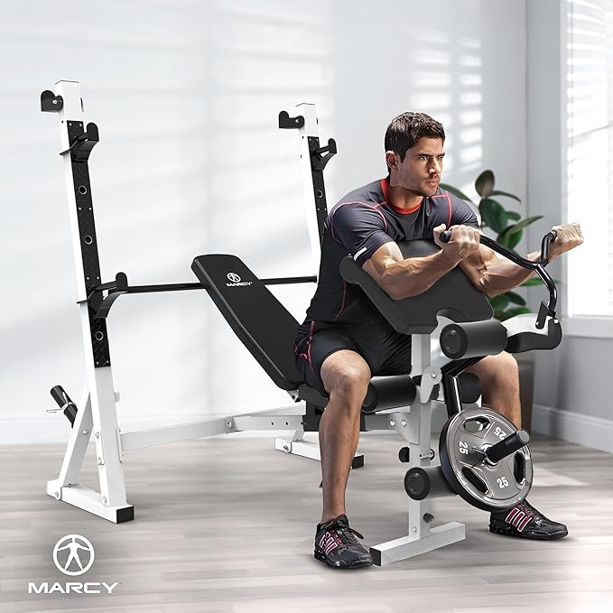 Marcy Olympic Workout Bench for Home Gym Strength Training Equipment with Preacher Curl Pad and Weight Rack Storage, White/Black
