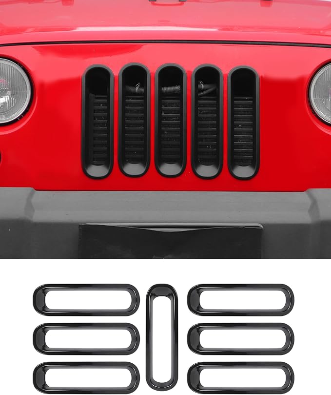 7Pcs Front Grille Inserts Guard for Jeep Wrangler JK 2007-2017 Matte Black Front Mesh Grille Cover Guard Clip-in Trim Cover, Matte Black