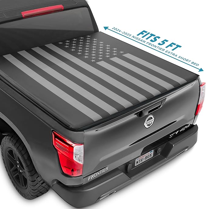 US Flag Truck Tonneau Cover for Nissan Frontier 2005-2025 5 ft Bed Length (Extra Short Bed), Soft Roll-Up All-Weather Retractable Truck Bed Cover with Black/Gray Flag