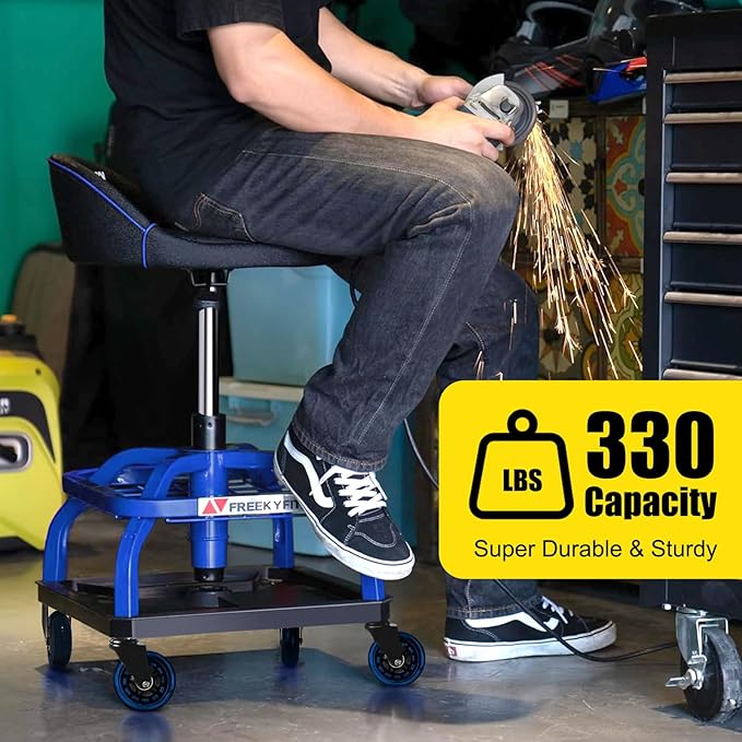 Rolling Stool with Blue Wheels,Heavy Duty Garage Work Mechanic Rolling Shop Stool with Backrest, Adjustable Height 360°Swivel Roller Mechanic Chair with 2 Tool Trays, 330 LBS Capacity