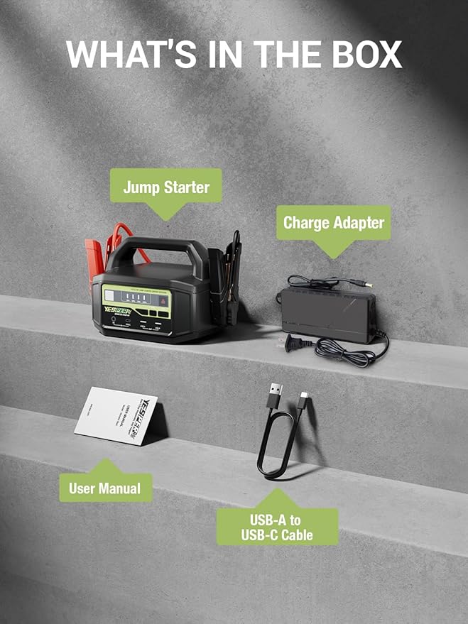 YESPER 12V/24V Car Jump Starter, 6000A Peak 5.1 lbs Portable Jump Starter Battery Pack Quick Charge with AC Adapter 36400mAh Battery Booster Pack (Up to All Gas/Diesel Engine) Jumper Box