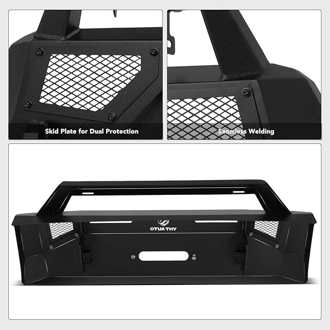 YHTAUTO Bull Bar Push Bar with Skid Plate Light Mount Fit Toyota Tundra 2014-2021, Heavy Duty Steel Brush Guard for Truck Front Bumper w/Winch Frame Textured Black Off Road Accessories