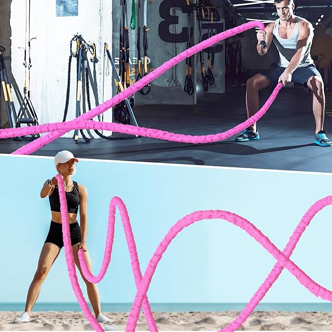 Battle Rope 1/1.26/1.5/2 Inch Diameter,Pink 30FT/40FT/50FT Exercise Workout Ropes for Home Gym Heavy Weighted Training Rope for Working Out