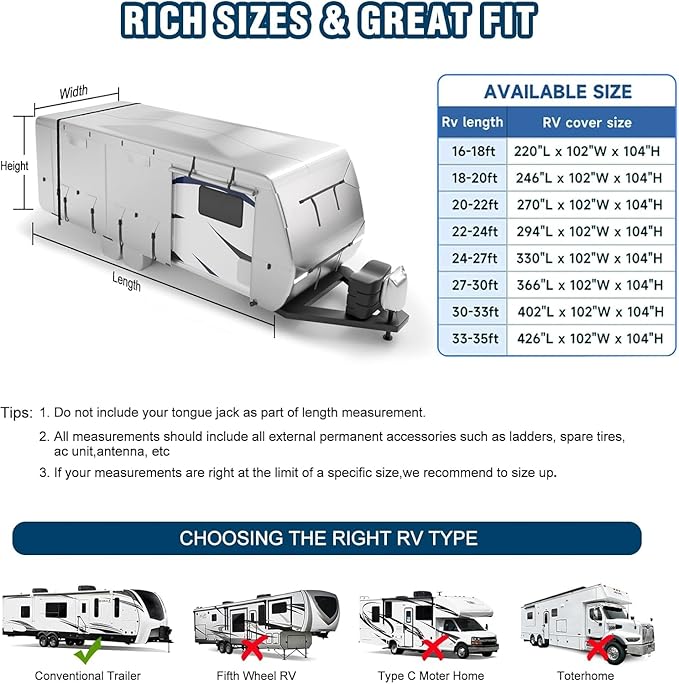 Oxford RV Cover,22-24 Ft Travel Trailer 420D Oxford Cloth,Tearproof Waterproof Windproof Camper Cover with Tongue Jack Cover,4 Tire Covers,6 Gutter Covers,3 Zippered Doors