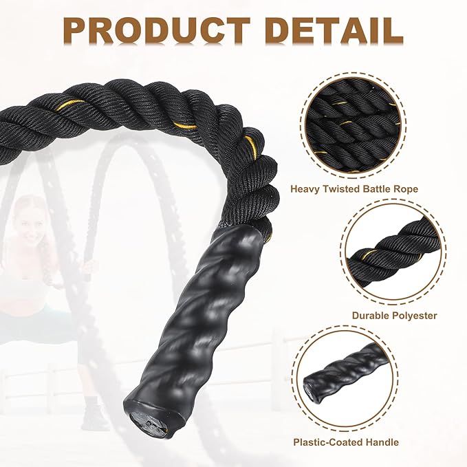 MECCANIXITY Battle Rope 20ft x 2 Inch Polyester Workout Rope Heavy Fitness Exercise Rope for Strength Training Home Gym Muscle Building, Black Yellow