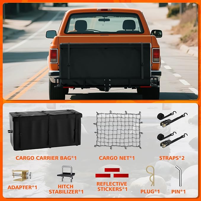 Hitch Cargo Carrier Basket Combo 60" x 24" x 6" 500 LBS Capacity Vehicle Baskets Fits 2" Receiver with 18.2 Cubic feet Cargo Bag, Hitch Stabilizer, Cargo Net and Ratchet Straps