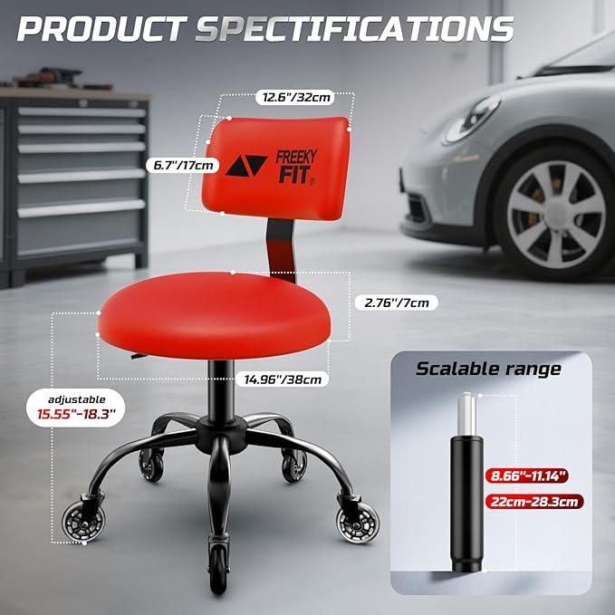 Rolling Shop Stool with Wheels, Mechanic Garage Stool Chair with Adjustable Height 15.55"-18.3", Heavy Duty Swivel Roller Seat for Garage, Salon and Tattoo Beauty, Red