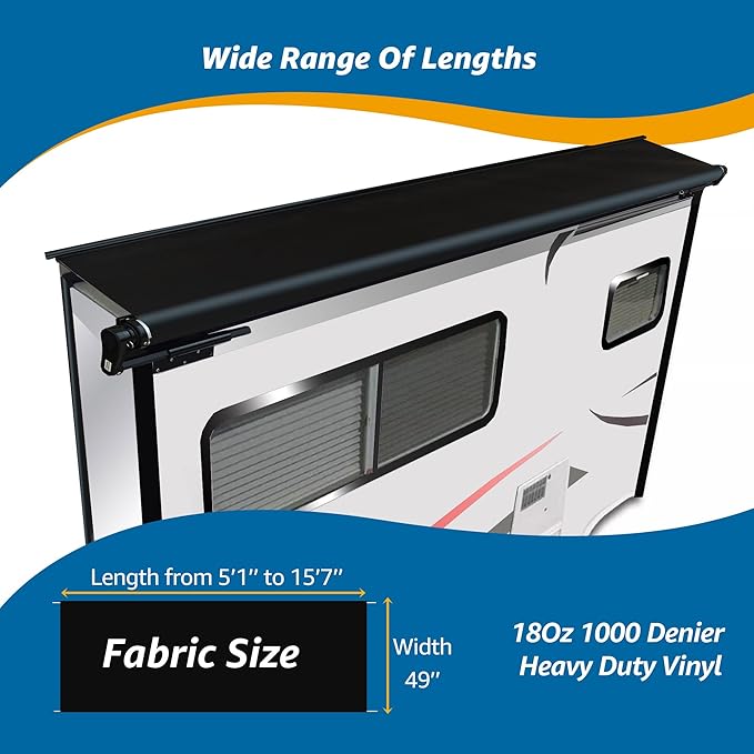 Slide Topper Awning Slide Out Cover Plus Disassembly-Free Adjustment Mechanism with 49" Extension Full Kit for RV,5th Wheel,Trailer,Camper -Black Solid, 6' (5'7" Fabric)