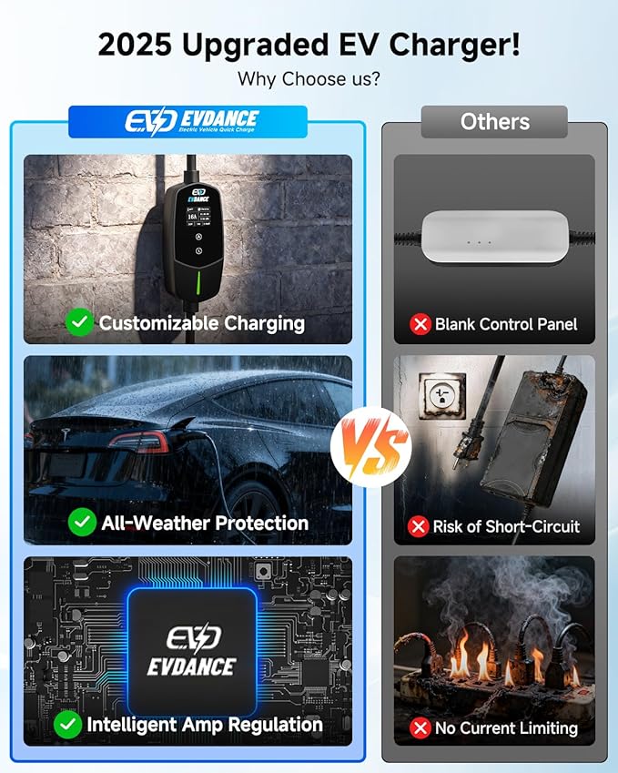 Level 1 & 2 EV Charger for Tesla 16A, Portable Electric Vehicle Charger with 25FT Cable, Adjustable Current & Timer Delay, NACS Connector Compatible with All Tesla Models S/3/X/Y/Cybertruck