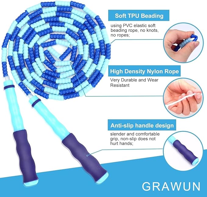 GRAWUN Jump Rope For Kids, Soft Beaded Jump Rope, Adjustable Length Tangle-Free Segmented Soft Beaded Skipping Rope,for Women, Men and Kids Keeping Fit, Workout and Weight Loss