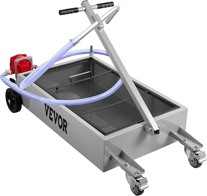 VEVOR Oil Drain Pan 15 Gallon Oil Drain Tank, 57L Low Profile Oil Drain Pan, Large Capacity Oil Change Pan, Foldable Hand, with Pump, Hose, Swivel Casters Wheels for Car, SUV, Trucks Oil Draining