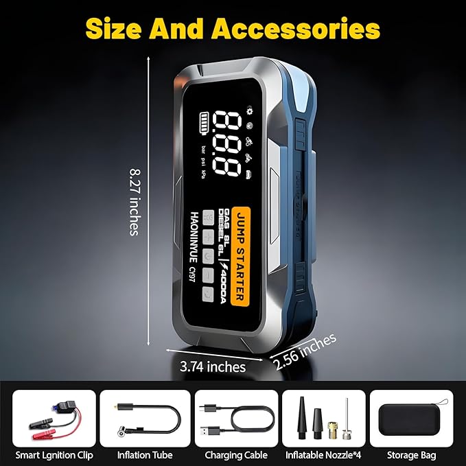 4000A Car Jump Starter with Air Compressor, 12000mAh&150PSI Portable Car Battery Jump Starter, 12V Jump Box Battery Pack (8L Gas 6L Diesel Engine) with Boost, LEDLight and Jumper Cables