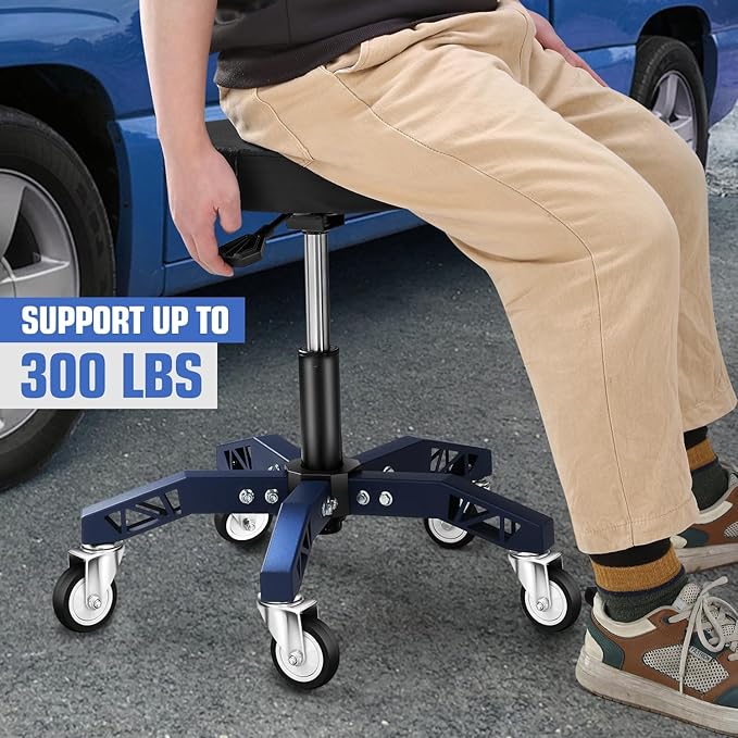 DNA Motoring Rolling Shop Stool, Adjustable Height Padded Rolling Seat, Pneumatic Roller Mechanic Stool for Garages, 300lbs Capacity, TOOLS-00635-BK-BL
