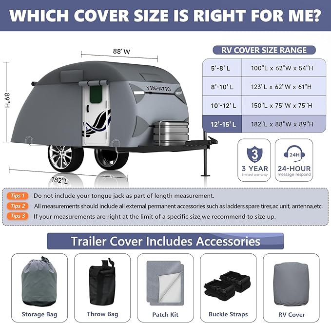 VINPATIO Teardrop Camper Cover - Fits 12'-15' Trailers, 7 Layers Top Heavy Duty with Windproof Strap, RV Cover