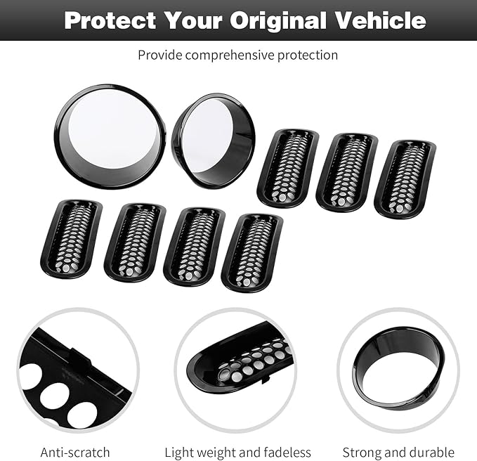CheroCar for JK Mesh Grille Grill Insert & Headlight Cover Trim Exterior Accessories for Jeep Wrangler JK 2007-2017,Black…