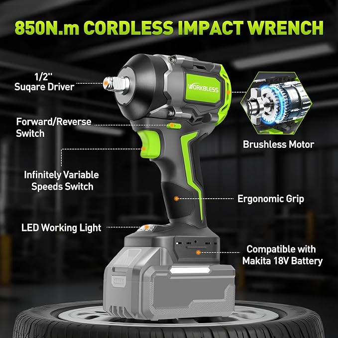 850Nm (630Ft-lbs) Cordless Impact Wrench for Makita 18V Battery, Brushless 1/2 Impact Gun, Electric Impact Wrench for Car Tire, Mower Lug Nut, 3-Speed, 4 Cr-V Sockets(BATTERY NOT INCLUDE)