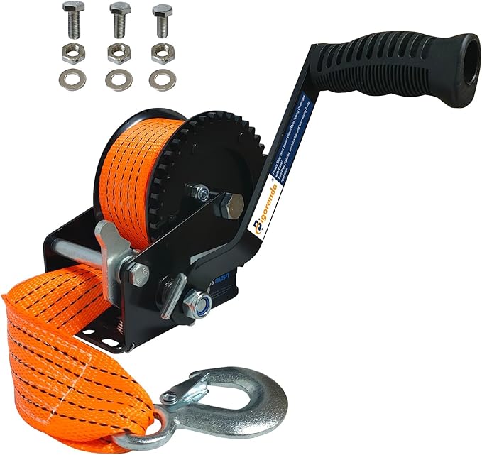 1200LBS Heavy Duty Boat Trailer Winch, 2-Way Ratchet with 4:1Gear, Boat Trailer Winch with 26FT Strap, Portable Hand Crank Winch for Boat, Trailer,Truck, RV, ATV, Jet Ski