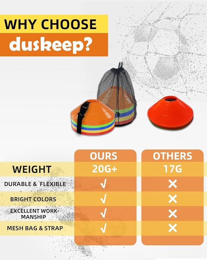 duskeep100/50 Pack Soccer Cones, Disc Cones for Sports Training with Mesh Bag, Sports Cones for Training Drills Practice