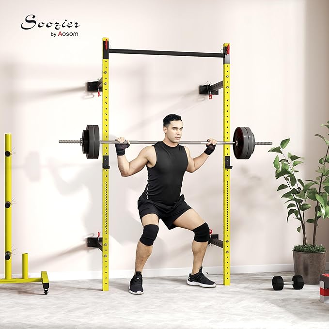 Soozier Folding Squat Rack with Adjustable Pull-Up Bar, 1000 Pounds Capacity Wall Mounted Power Rack, Adjustable Barbell Rack with J Hooks for Home Gym Full Body Workout