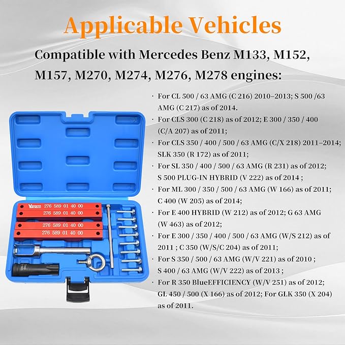 Engine Timing Tool Kit, Compatible with Mercedes Benz M157/M276/ M278, Camshaft Timing Tool with T100, Fuel Injector Puller, Rotary Rod, Fixing Screw, with Case and Gloves