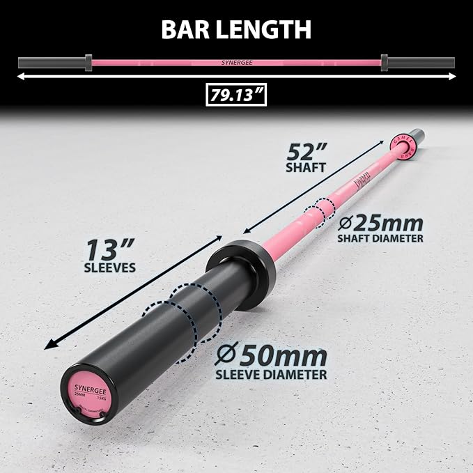 Synergee Games 15kg and 20kg Colored Ceramic Coated Barbells. Rated 1500lbs for Weightlifting and Powerlifting. Black, Red, Grey, Pink