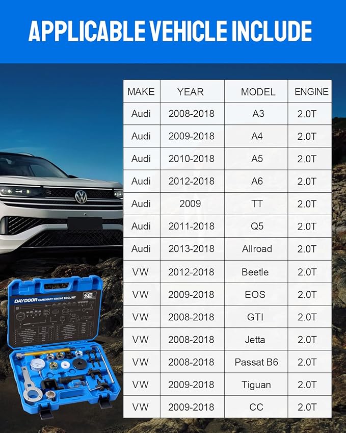 DAYDOOR Camshaft Crankshaft Engine Timing Tool Kit with Storage Case Compatible with Audi VW VAG 2006-2018 EA888 1.8 2.0 TSI TFSI T10355 T10060A T10352 T10368 T40011 T40196 T40268-25 PCS
