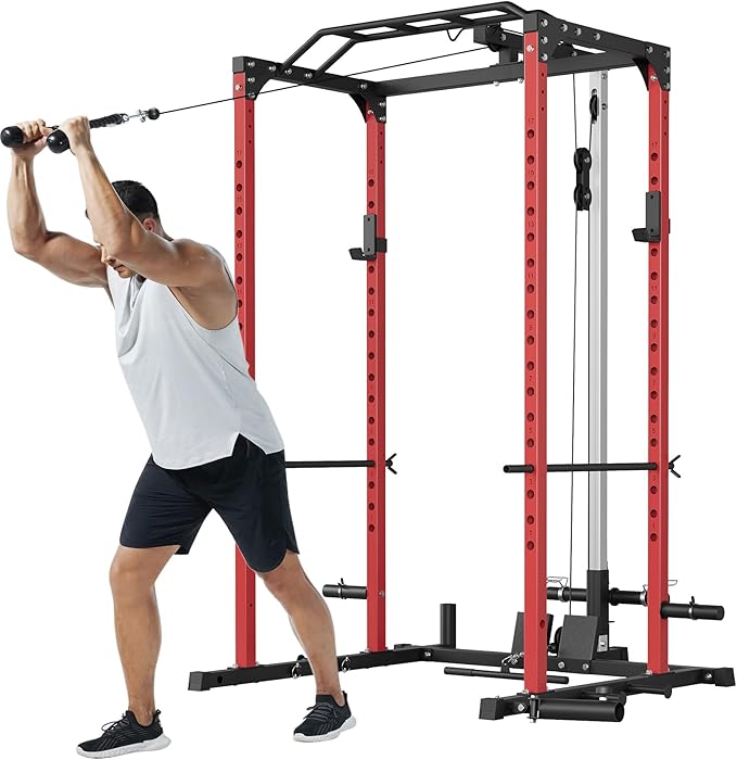 PeakPursuit Power Cage Squat Rack with LAT Pulldown & Low Row, 1200LBS Home Gym Power Rack with J-Hooks, Dip Bars, Pull Up Bar, Landmine, Weight Rack & Cable Pulley System for Strength Training