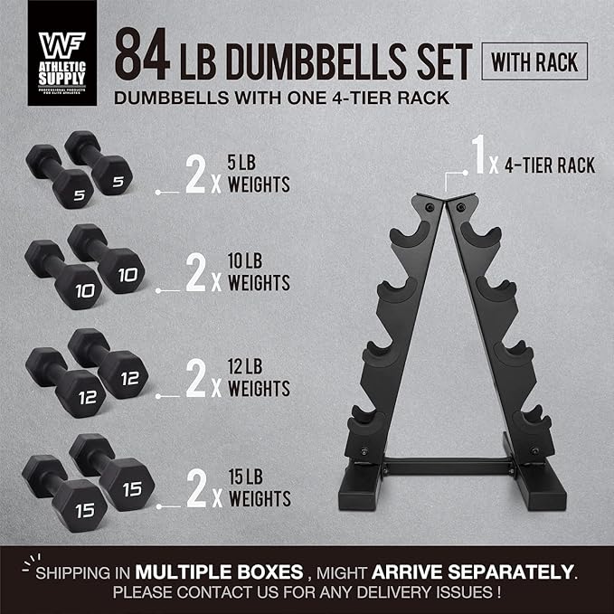 WF Athletic Supply Black Neoprene Dumbbell Set, Non-Slip & Hex Shape, Great for Muscle Toning, Strength Building & Weight Loss; Sizes, Dumbbells Only & w/Rack Options Available