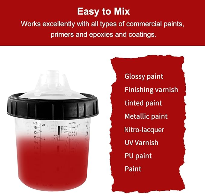 Disposable Paint Cups for Automotive Paint Gun, HVLP Paint Spray Gun Mixing Cups 20 Ounce (600ml) Kit with 15 Cups and Lids System, 1 Hard Cup with Retainer Ring, 2 Adapter, Paint Stirrer