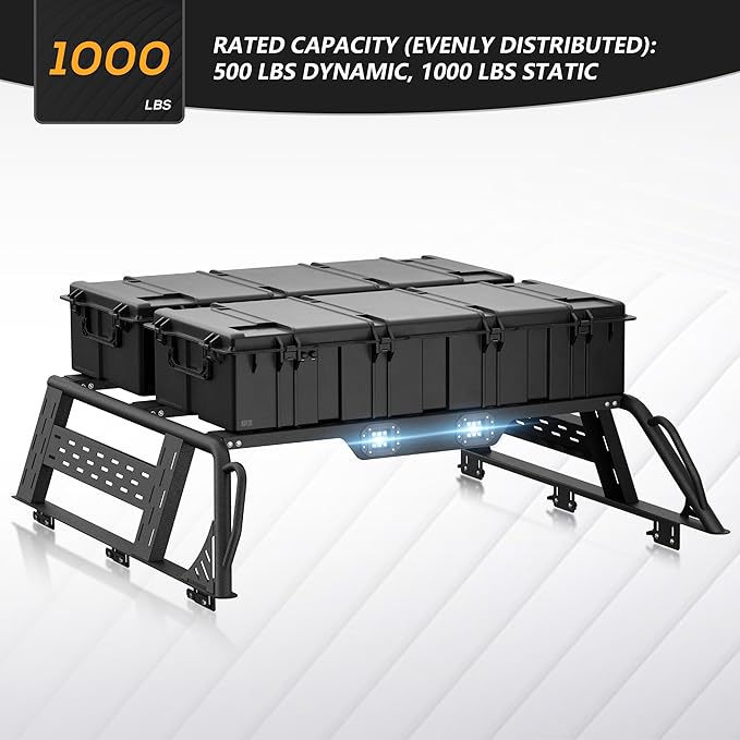 13.8" High Overland Bed Racks Truck Cargo Carrier Compatible with 2014-2021 Toyota Tundra with 2 LED Lights and Bed Rails, Full-Size Truck Rear Ladder Rack Back Cross Bars