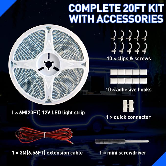 20FT RV Awning Light,12V Blue Camper Awning Lighting,Waterproof LED Strip,Exterior Underglow Lighting for RV Motorhome Travel Trailer Food Truck Outdoor Party