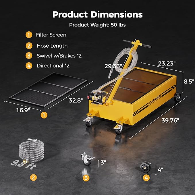 25 Gal Electric Oil Drain Pan, 110V High-Flow Pump, 9.8 FT Hose, 200 W Motor, 2 Locking Swivel Casters and 2 Directional Wheels Stable, Folding Handle, Heavy-Duty for Trucks, RVs, SUVs, Yellow