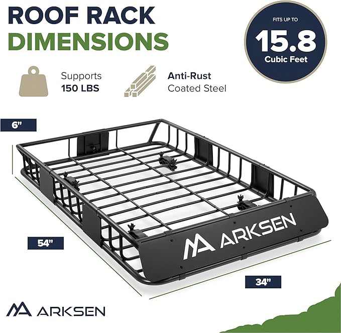 ARKSEN 54 x 34 x 6 Inch Universal Roof Rack with Extension, Cargo Net, 2 Straps, 150 LBS Heavy Duty Capacity Rooftop Cargo Basket for SUV, Truck, RV, Pickup