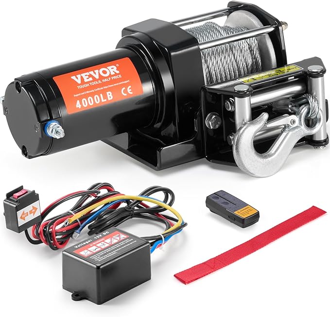 VEVOR Electric Winch, 4000 lb Line Pull Capacity, 12V DC ATV/UTV Winch with Φ3/16 in x 39 ft 7 Strands Steel Cable Roller Fairlead Wireless & Wired Remote Control, IP55 Waterproof for Towing UTV ATV