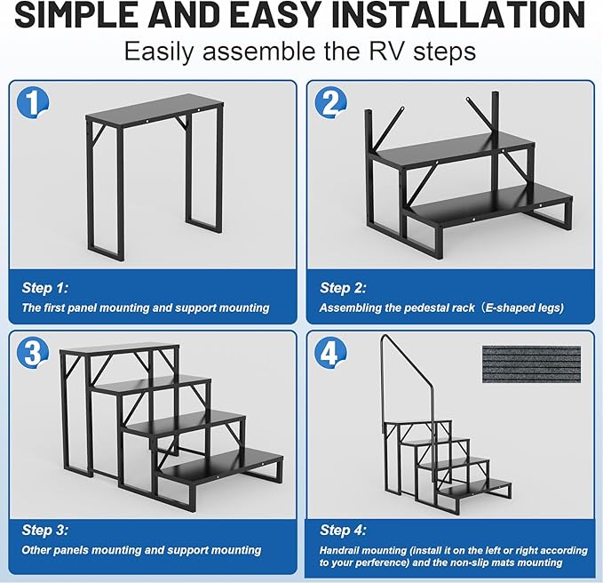 RV Steps Spa Steps with Handrail - 4 Step Hot Tub Steps Trailer Steps Mobile Home Stairs for 5th Wheel RV, Trailer, Hot Tub, Pool, Porch with Non-Slip Mats