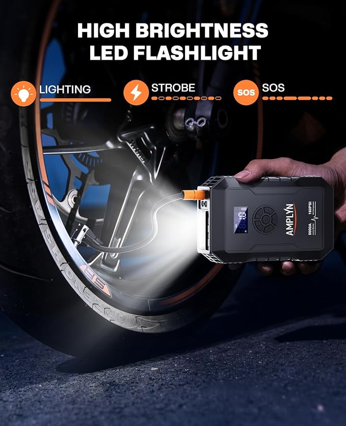 Car Battery Jump Starter with Air Compressor 160PSI,5000A 60W Portable Jump Starter Battery Pack (All Gas/10L Diesel),12V Starter Jump Box with Jumper Cables,Type C Fast Charging,3 Mode Light